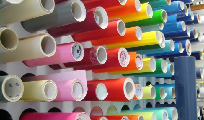 Rolls of banner vinyl in the shop at Michiana Sign & Graphics, Elkhart, Indiana
